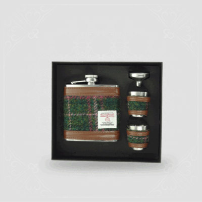6oz Harris Tweed Hip Flask Gift Set in Gift Box in Dark Green & Plum Check