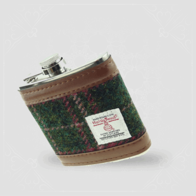 6oz Harris Tweed Hip Flask in Dark Green and Plum Check