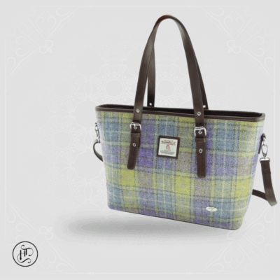 Harris Tweed 'Spey' Tote Bag in Muted Lilac / Lime Green Tartan